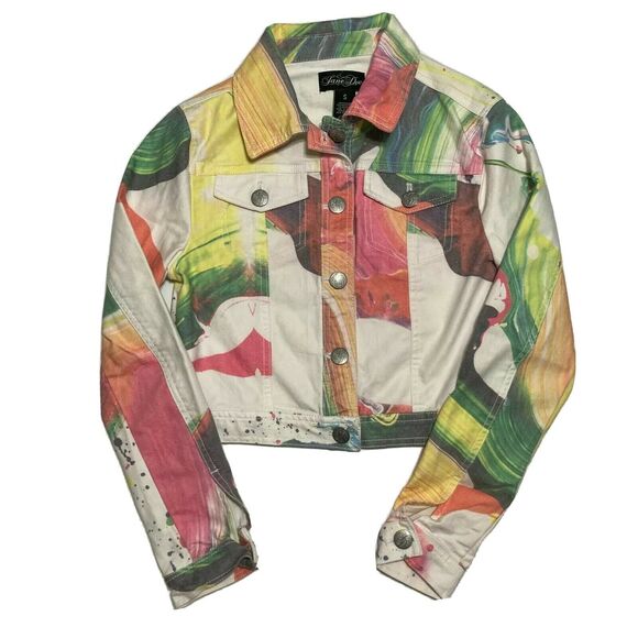 Jane Doe Cropped Denim Jean Jacket Small Womens Multicolor Abstract Button Front - Picture 6 of 9